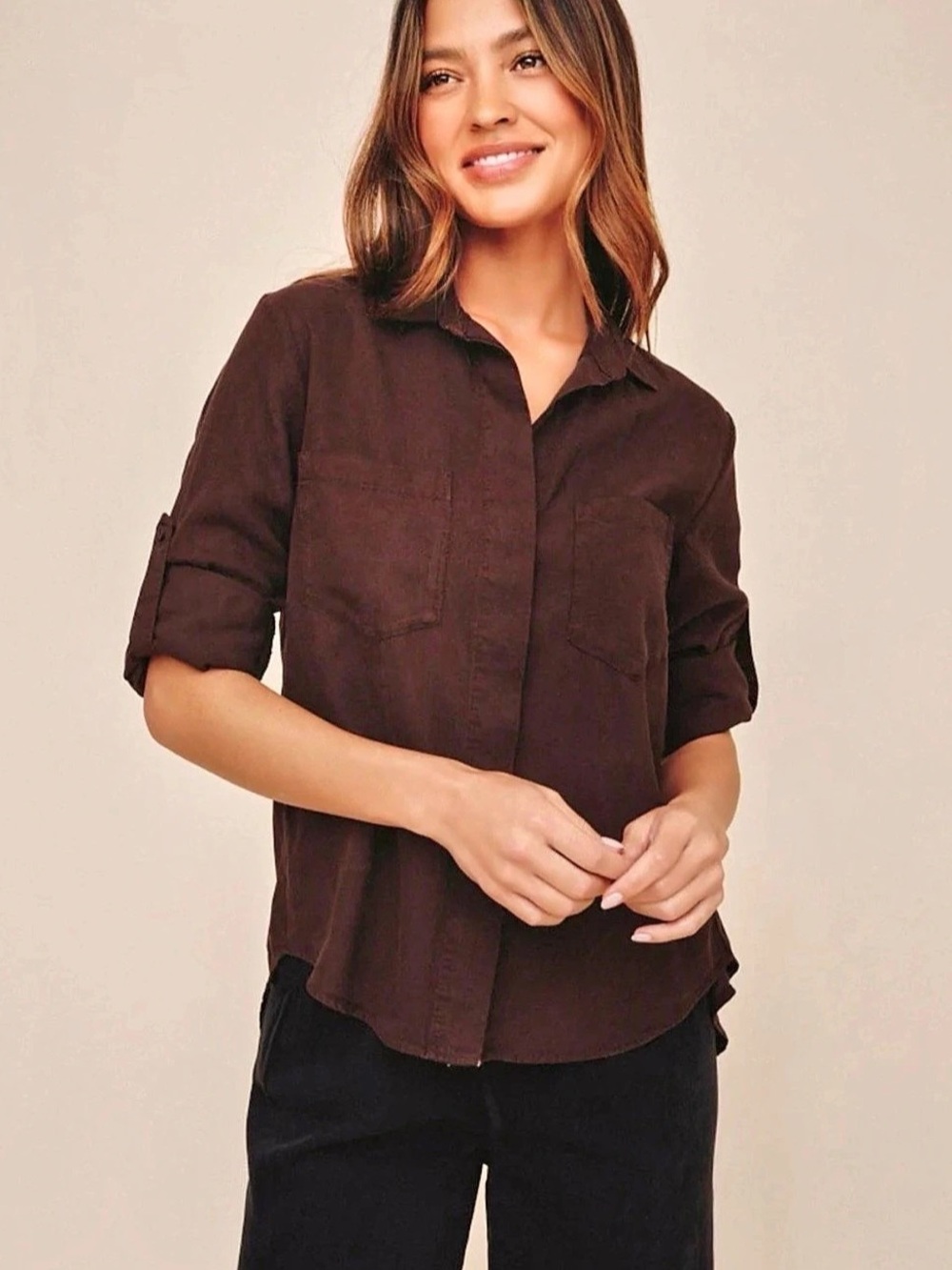 Bella Dahl Split Back Button Down Tencel Shirt Brown S